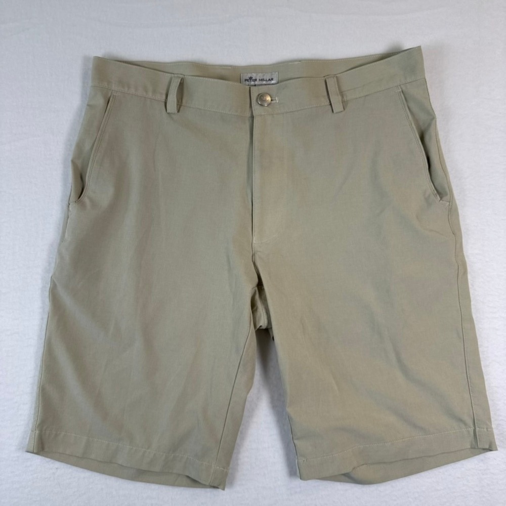 Peter Millar Mens Performance Golf Shorts Tan Khaki Size 33 Stretch Tech